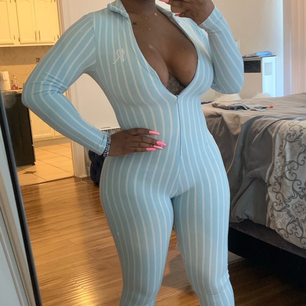 GSUWOO striped baby blue jumpsuit